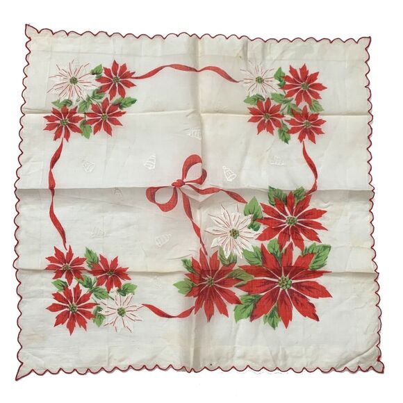 Christmas Wedding Bridesmaid Handkerchief Linen Poinsettia Holiday Vintage - Picture 2 of 5
